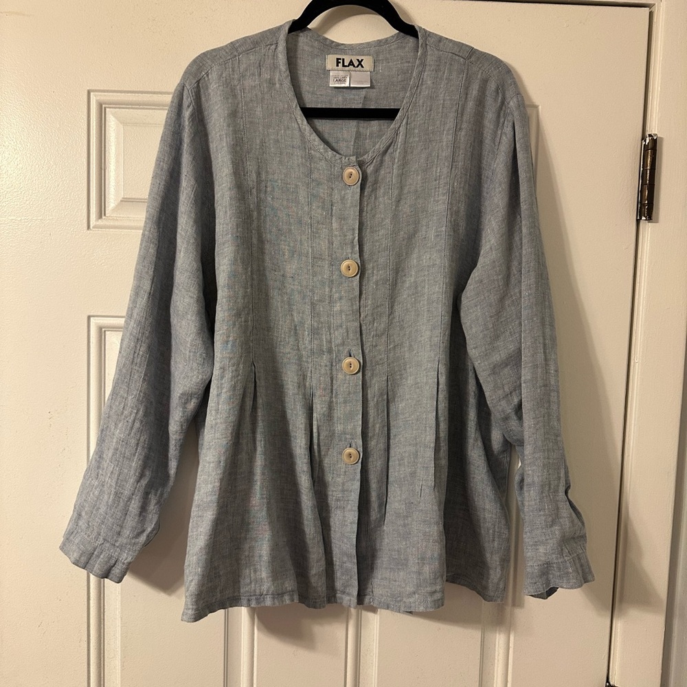 Flax 100% Linen Button Down‎ Shirt Jacket blouse top size large L blue